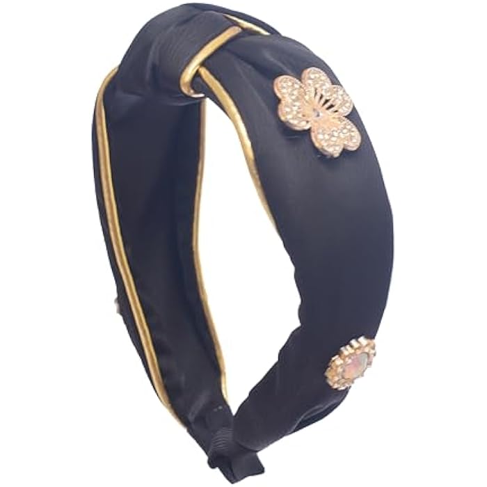 Silk Headband for Girls with Pearls - Black Gold - Image 2
